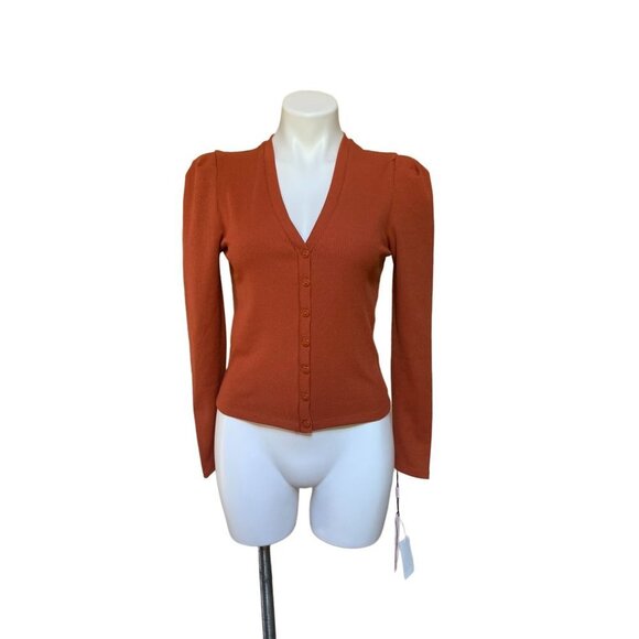 Avec Les Filles NEW Puff-Sleeve Rib-Knit Cardigan Shirt Rust Color Medium - Picture 3 of 11